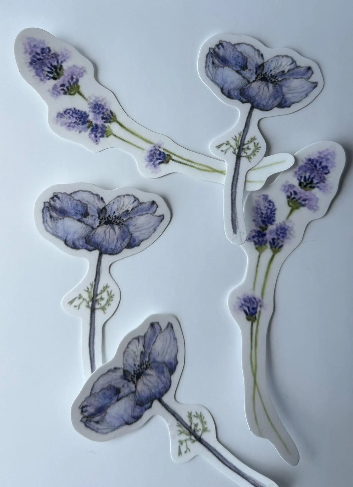 Vinyl Watercolor Floral Stickers: Blue Anemone, Purple Lavender (set of 2)
