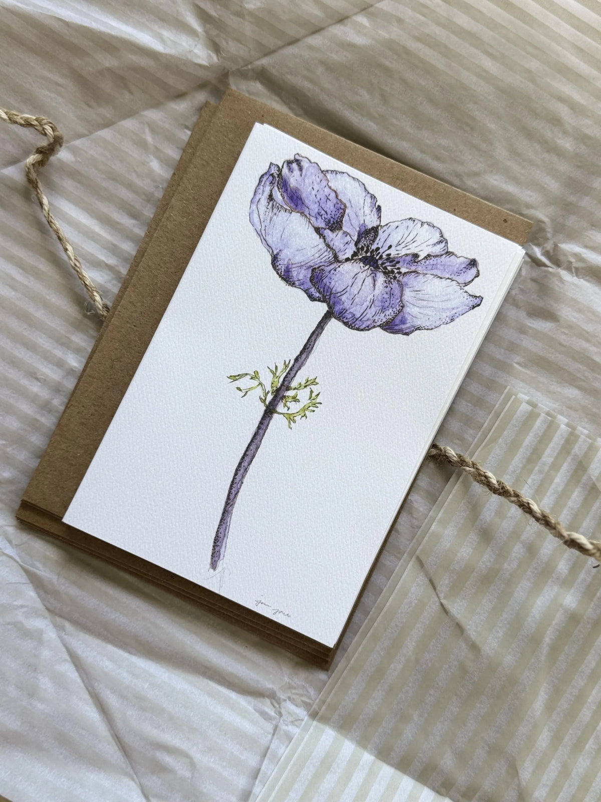 Blue Anemone Watercolor Greeting Card – Blank Botanical Card, 4"x6"