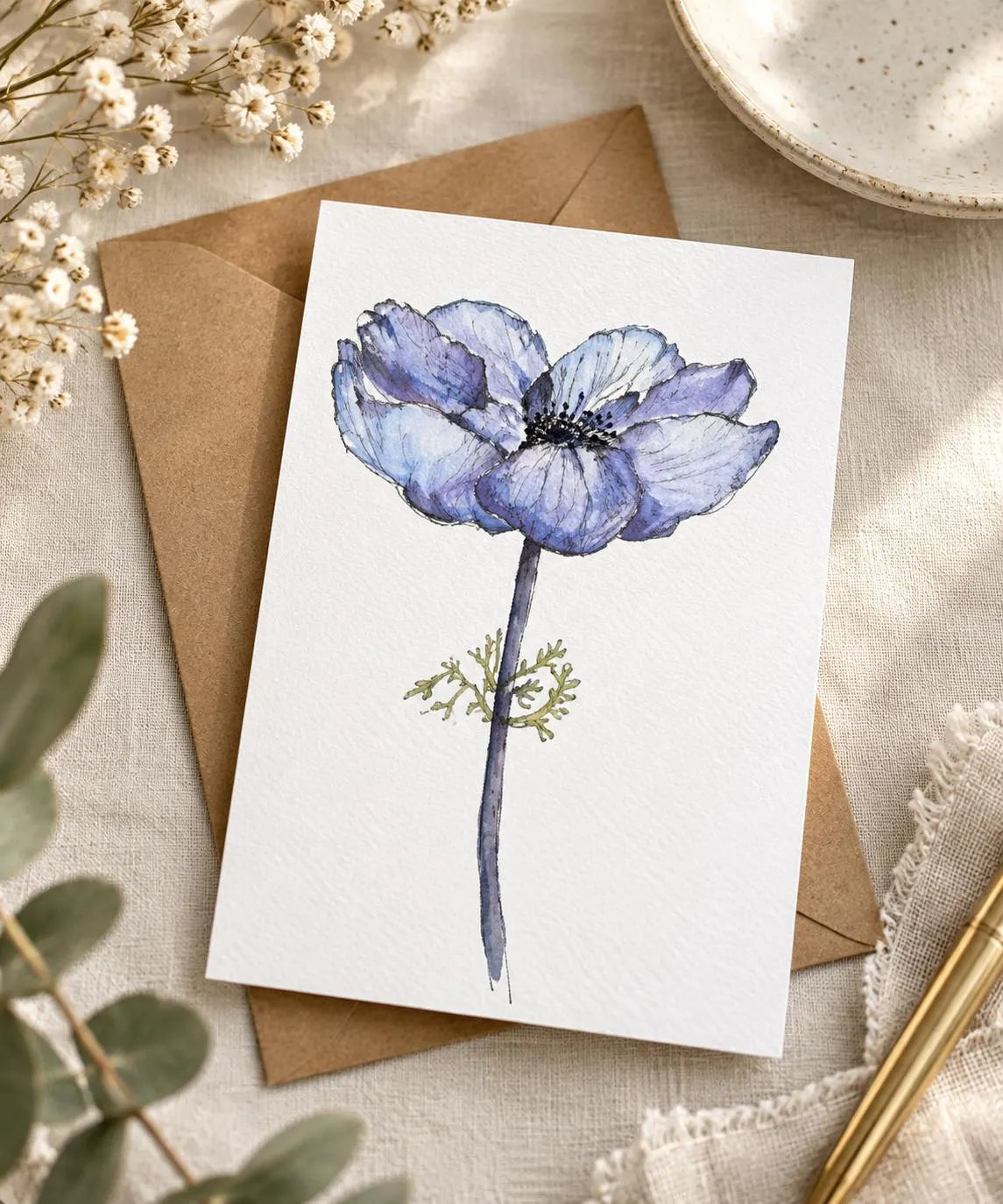 Blue Anemone Watercolor Greeting Card – Blank Botanical Card, 4"x6"